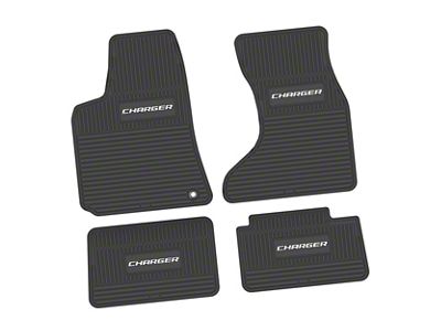 FLEXTREAD Factory Floorpan Fit Custom Vintage Scene Front and Rear Floor Mats with White Charger Insert; Black (07-10 AWD Charger)