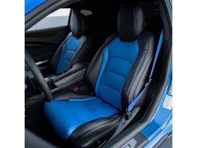 Kustom Interior Premium Artificial Leather Front and Rear Seat Covers; Black with Blue Accent (16-24 Camaro Coupe w/ RECARO Seats)