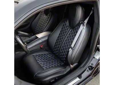 Kustom Interior Premium Artificial Leather Front and Rear Seat Covers; All Black with White Stitching Honeycomb Accent (10-15 Camaro Coupe w/o 1LE Competition Seat)