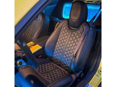 Kustom Interior Premium Artificial Leather Front and Rear Seat Covers; All Black with White Stitching Honeycomb Accent (10-15 Camaro Coupe w/o 1LE Competition Seat)