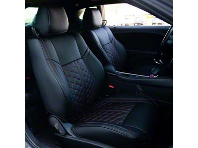 Premium Artificial Leather Front and Rear Seat Covers; All Black with Red Stitching Honeycomb Accent (15-18 Challenger R/T w/ Sport Seats; 15-23 Challenger SXT w/ Sport Seats)