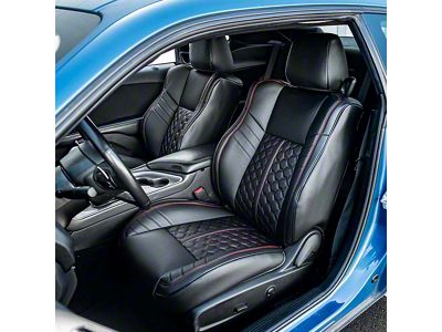 Premium Artificial Leather Front and Rear Seat Covers; All Black with Red Stitching Honeycomb Accent (15-23 Challenger w/ Performance Seats)