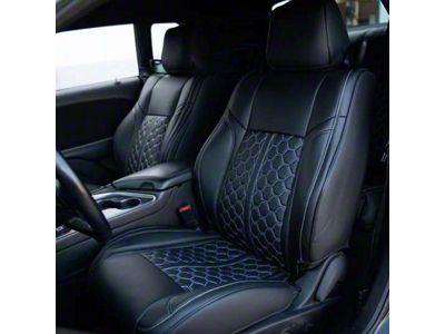 Kustom Interior Premium Artificial Leather Front and Rear Seat Covers; All Black with White Stitching Honeycomb Accent (15-18 Challenger R/T w/ Sport Seats; 15-23 Challenger SXT w/ Sport Seats)