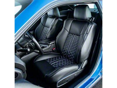 Premium Artificial Leather Front and Rear Seat Covers; All Black with White Stitching Honeycomb Accent (15-23 Challenger w/ Performance Seats)