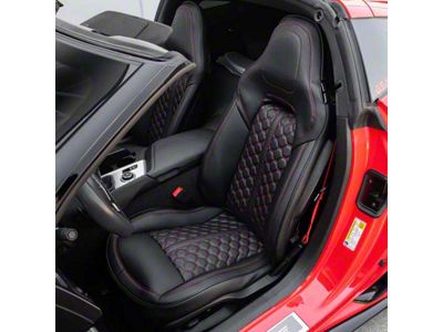 Kustom Interior Premium Artificial Leather Front and Rear Seat Covers; All Black with Red Stitching Honeycomb Accent (14-19 Corvette C7 w/o Competition Seat)