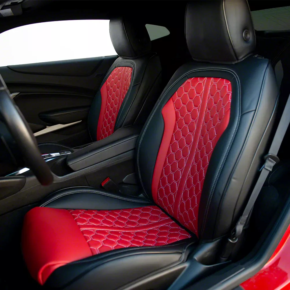 Premium Artificial Leather Front and Rear Seat Covers Black with Red Honeycomb Accent 16 24 Camaro Coupe w o 1LE Competition Seat