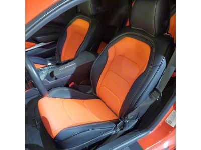 Kustom Interior Premium Artificial Leather Front and Rear Seat Covers; Black with Orange Accent (16-24 Camaro Convertible)