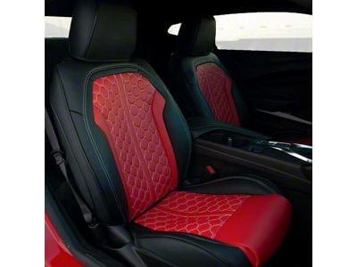 Kustom Interior Premium Artificial Leather Front and Rear Seat Covers; Black with Red Honeycomb Accent (16-24 Camaro Convertible)