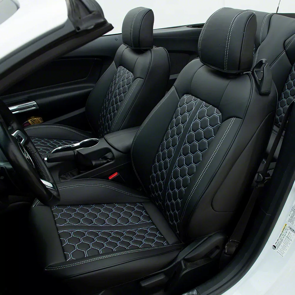 Kustom Interior Premium Artificial Leather Front and Rear Seat Covers All Black with White Stitching Honeycomb Accent 15 23 Mustang Convertible