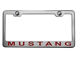 License Plate Frame with Red Carbon Fiber 2005 Style Mustang Lettering; Polished/Brushed (Universal; Some Adaptation May Be Required)