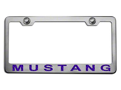 Polished/Brushed License Plate Frame with Purple Carbon Fiber 2005 Style Mustang Lettering (Universal; Some Adaptation May Be Required)