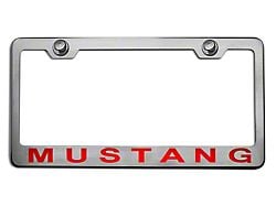 Polished/Brushed License Plate Frame with Bright Red Solid 2005 Style Mustang Lettering (Universal; Some Adaptation May Be Required)