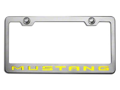 Polished/Brushed License Plate Frame with Yellow Solid 2010 Style Mustang Lettering (Universal; Some Adaptation May Be Required)