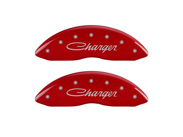 MGP Brake Caliper Covers with Cursive Charger Logo; Red; Front and Rear (08-14 Challenger SRT8; 2015 Challenger SRT 392; 15-23 Challenger Scat Pack w/ 4-Piston Front Calipers)
