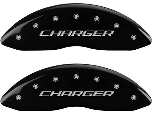 MGP Brake Caliper Covers with Charger Logo; Black; Front and Rear (11-18 Charger R/T w/ Single Piston Front Calipers; 11-17 Charger SE w/ Single Piston Front Calipers; 12-23 SXT Charger w/ Single Piston Front Calipers)