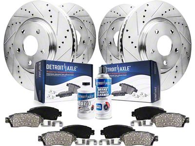 Drilled and Slotted Brake Rotor, Pad and Brake Cleaner and Fluid Kit; Front and Rear (11-14 Mustang GT w/ Performance Pack; 12-13 Mustang BOSS 302)