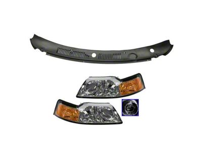 Headlights with Cowl Grille; Chrome Housing; Clear Lens (99-04 Mustang)