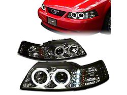 LED DRL Halo Projector Headlights; Chrome Housing; Smoked Lens (99-04 Mustang)