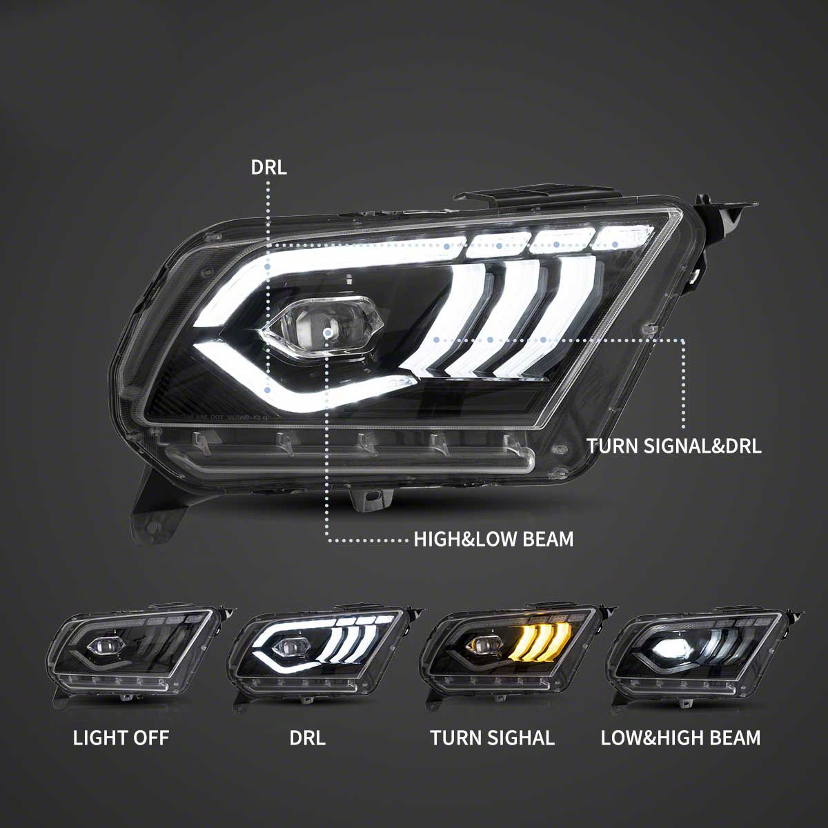 LED Dual Beam Projector Headlights; Black Housing; Clear Lens (10-12 Mustang w/ Factory Halogen Headlights)