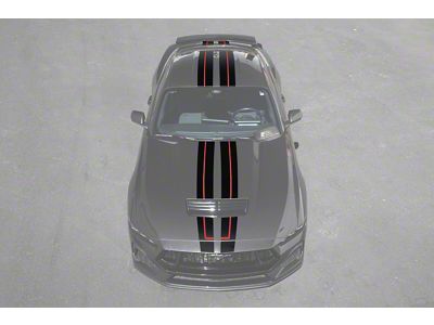 Rally Redline Package Top Racing Stripes; Matte Black with Red Accent (24-25 Mustang GT, Dark Horse)