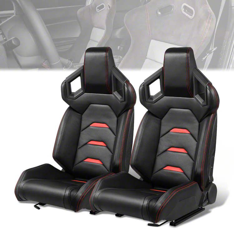 Mustang Perforated Vinyl Racing Bucket Seats with Seat Sliders Black and Red Carbon Fiber Style Universal Some Adaptation May Be Required Free Shipping