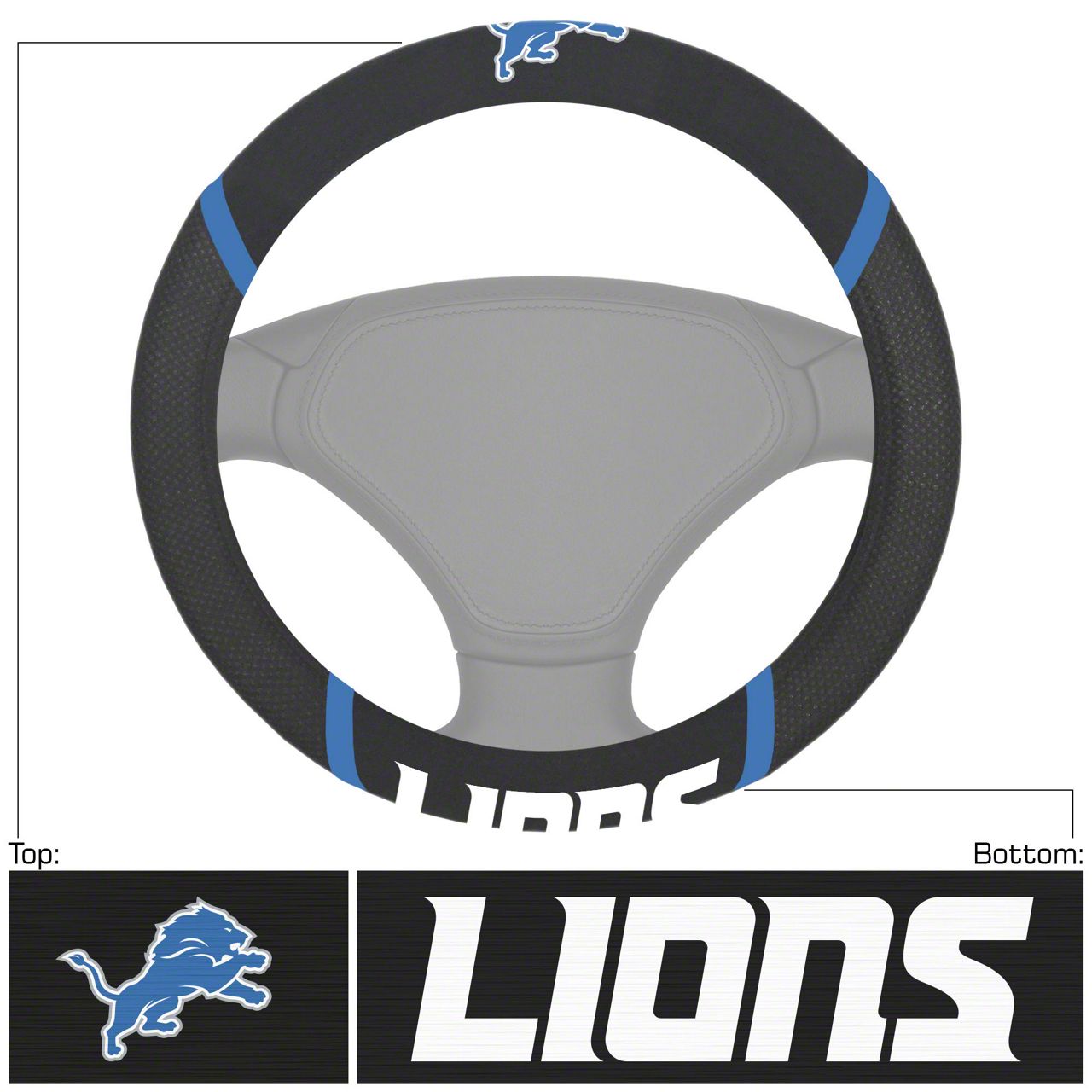 Mustang Steering Wheel Cover with Detroit Lions Logo; Black (Universal