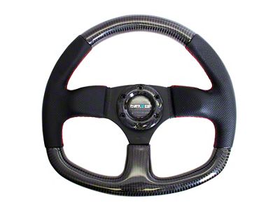 NRG Innovations Flat Bottom 320mm Carbon Fiber Steering Wheel; Gloss Carbon Fiber and Red Stitching (Universal; Some Adaptation May Be Required)