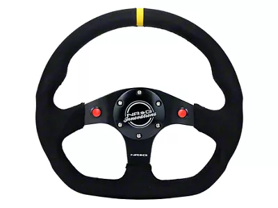 NRG Innovations 320mm Flat Bottom Dual Button Steering Wheel; Black Alcantara with Yellow Center Mark (Universal; Some Adaptation May Be Required)