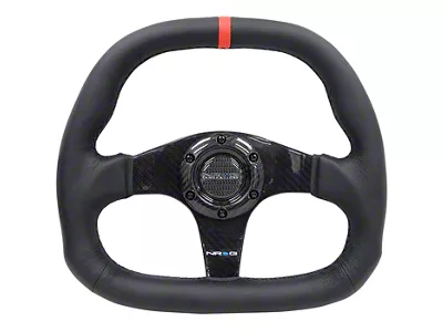 NRG Innovations 320mm Flat Bottom Carbon Fiber Steering Wheel; Black Leather with Red Center Mark (Universal; Some Adaptation May Be Required)