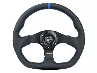 NRG Innovations 320mm Flat Bottom Steering Wheel; Black Leather with Blue Center Mark and Stitching (Universal; Some Adaptation May Be Required)