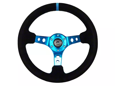 NRG Innovations 350mm 3-Inch Deep Dish Steering Wheel; Black Leather with Blue Spokes, Center Mark and Stitching (Universal; Some Adaptation May Be Required)