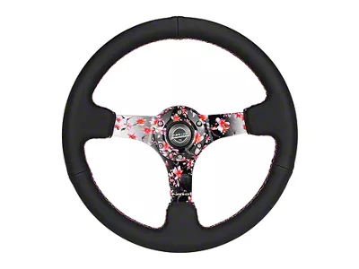 NRG Innovations 350mm 3-Inch Deep Dish Steering Wheel; Black Leather with Hydro Dipped Sakura Floral Spokes (Universal; Some Adaptation May Be Required)