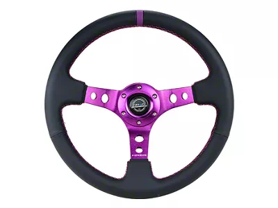 NRG Innovations 350mm 3-Inch Deep Dish Steering Wheel; Black Leather with Purple Center Mark, Stitching and Center Spoke (Universal; Some Adaptation May Be Required)