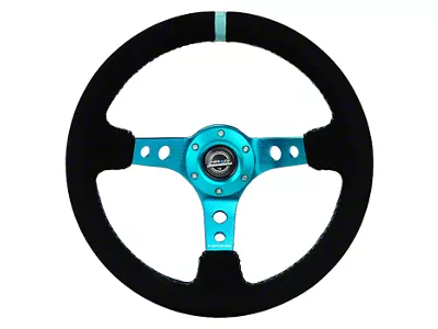 NRG Innovations 350mm 3-Inch Deep Dish Steering Wheel; Black Suede with Teal Center Mark, Stitching and Center Spoke (Universal; Some Adaptation May Be Required)