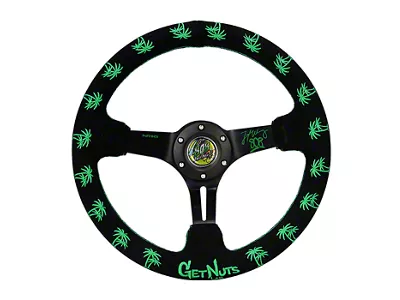 NRG Innovations Forrest Wang 350mm 3-Inch Deep Dish Steering Wheel; Black Suede with Green Palm Trees (Universal; Some Adaptation May Be Required)