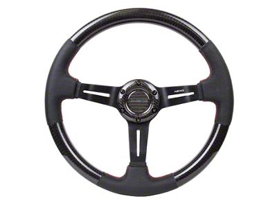 NRG Innovations Sport 350mm Carbon Fiber 1.50-Inch Deep Dish Steering Wheel; Black Leather with Red Stitching (Universal; Some Adaptation May Be Required)