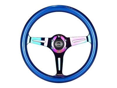 NRG Innovations Classic Wood Grain 350mm Steering Wheel; Neochrome and Blue (Universal; Some Adaptation May Be Required)