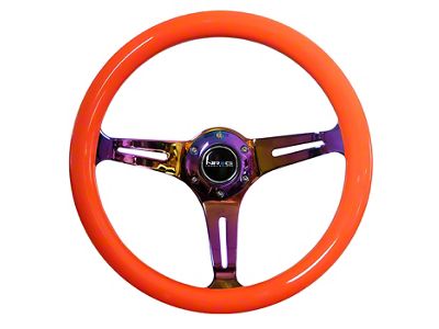 NRG Innovations Classic Wood Grain 350mm Steering Wheel; Neochrome and Neon Orange (Universal; Some Adaptation May Be Required)