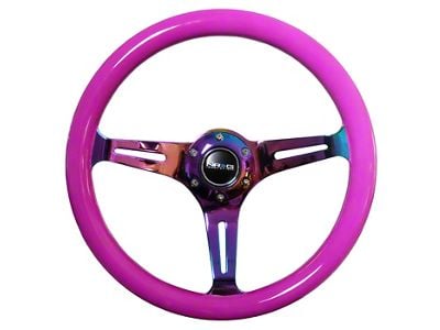 NRG Innovations Classic Wood Grain 350mm Steering Wheel; Neochrome and Neon Purple (Universal; Some Adaptation May Be Required)