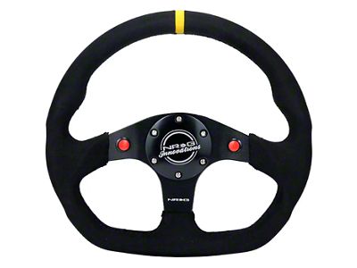 NRG Innovations 320mm Flat Bottom Dual Button Steering Wheel; Black Alcantara with Yellow Center Mark (Universal; Some Adaptation May Be Required)