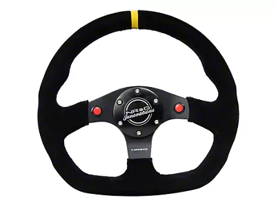 NRG Innovations 320mm Flat Bottom Dual Button Steering Wheel; Black Suede with Yellow Center Mark (Universal; Some Adaptation May Be Required)