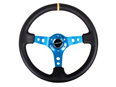 NRG Innovations 350mm 3-Inch Deep Dish Steering Wheel; Black Leather with Blue Spokes and Yellow Stitching (Universal; Some Adaptation May Be Required)