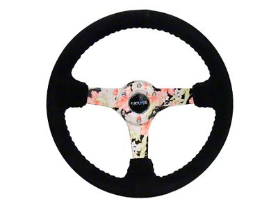 NRG Innovations 350mm 3-Inch Deep Dish Steering Wheel; Black Suede with Black Stitching and Hydro-Dripped Floral Spokes (Universal; Some Adaptation May Be Required)