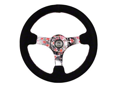 NRG Innovations 350mm 3-Inch Deep Dish Steering Wheel; Black Suede with Hydro Dipped Sakura Floral Spokes (Universal; Some Adaptation May Be Required)