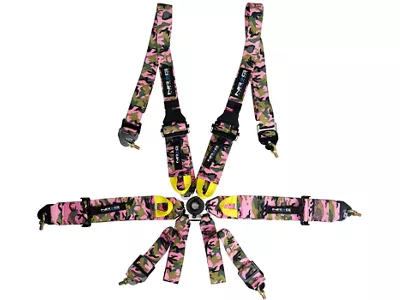 NRG Innovations FIA HANS Approved 6-Point Rotary Cam-Lock Racing Seat Belt Harness; Pink Camo (Universal; Some Adaptation May Be Required)