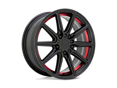 RUFF Throttle Gloss Black with Machined Red Inner Lip Wheel; 18x8 (05-09 Mustang GT, V6)