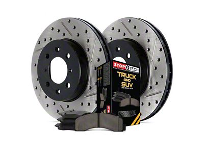 StopTech Truck Axle Slotted and Drilled Brake Rotor and Pad Kit; Rear (10-15 Camaro LS, LT)