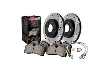 StopTech Sport Axle Drilled Brake Rotor and Pad Kit; Front (10-15 Camaro LS, LT)