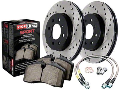 StopTech Sport Axle Drilled Brake Rotor and Pad Kit; Front and Rear (10-15 Camaro SS)