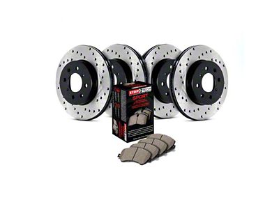 StopTech Sport Axle Drilled Brake Rotor and Pad Kit; Front and Rear (10-15 Camaro LS, LT)